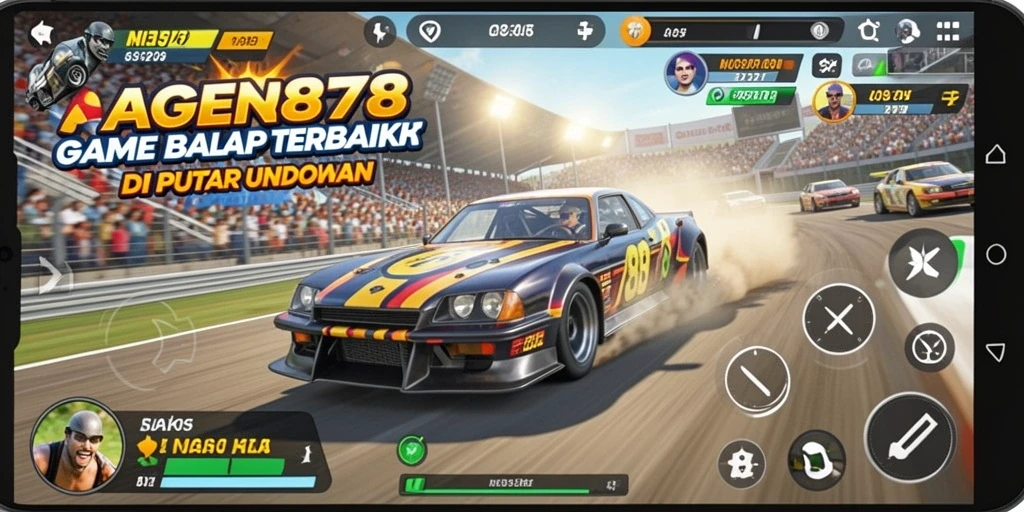 Screenshot gameplay AGEN878 menunjukkan aksi balap yang mendebarkan.