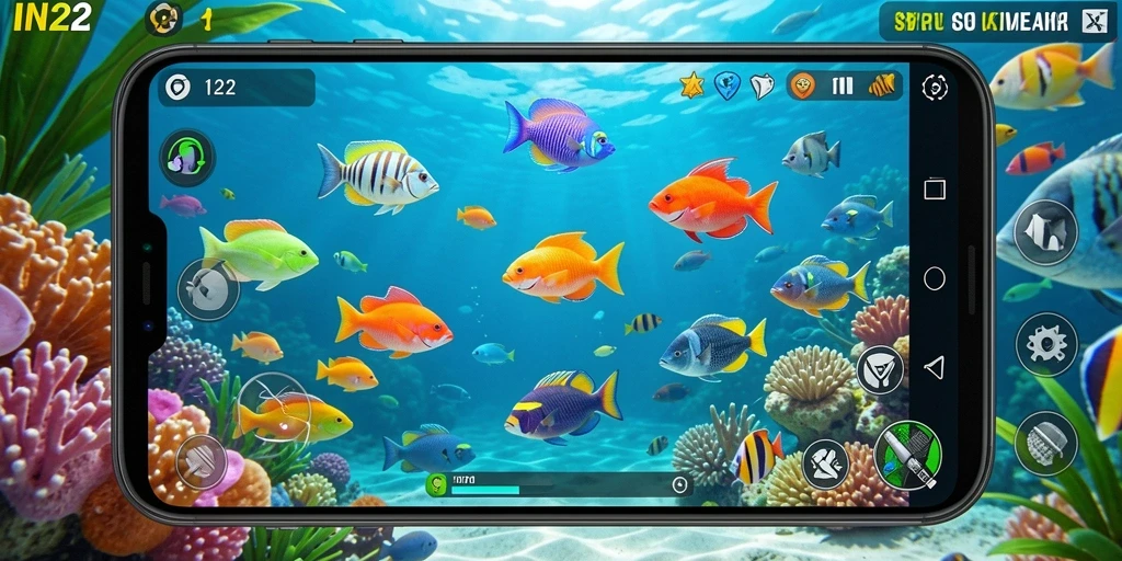 Tampilan gameplay <strong>IN22</strong> yang seru dengan berbagai ikan dan tantangan menarik.