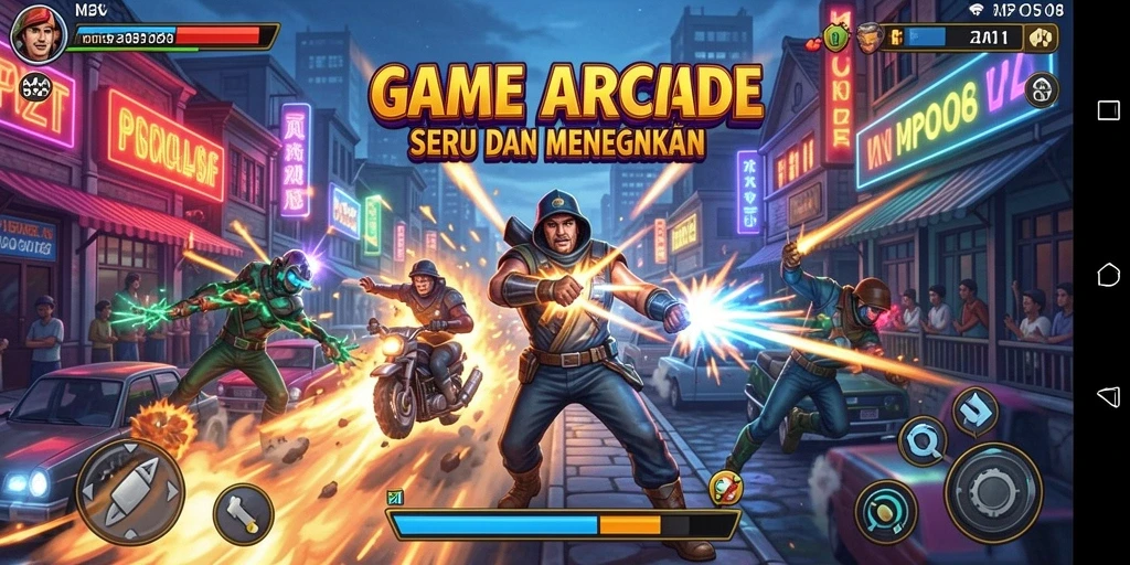 Tangkapan layar gameplay MPO08 yang menampilkan aksi seru dan tantangan Arcade.